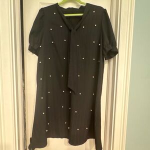 Pearl-Studded Black Tie-Neck Mini Dress